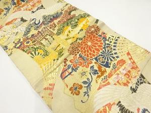 アンティーク　鶴に御所車・花車模様織出し丸帯（材料）